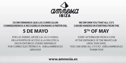 Porta el teu cv a Amnesia Eivissa a partir de dimarts