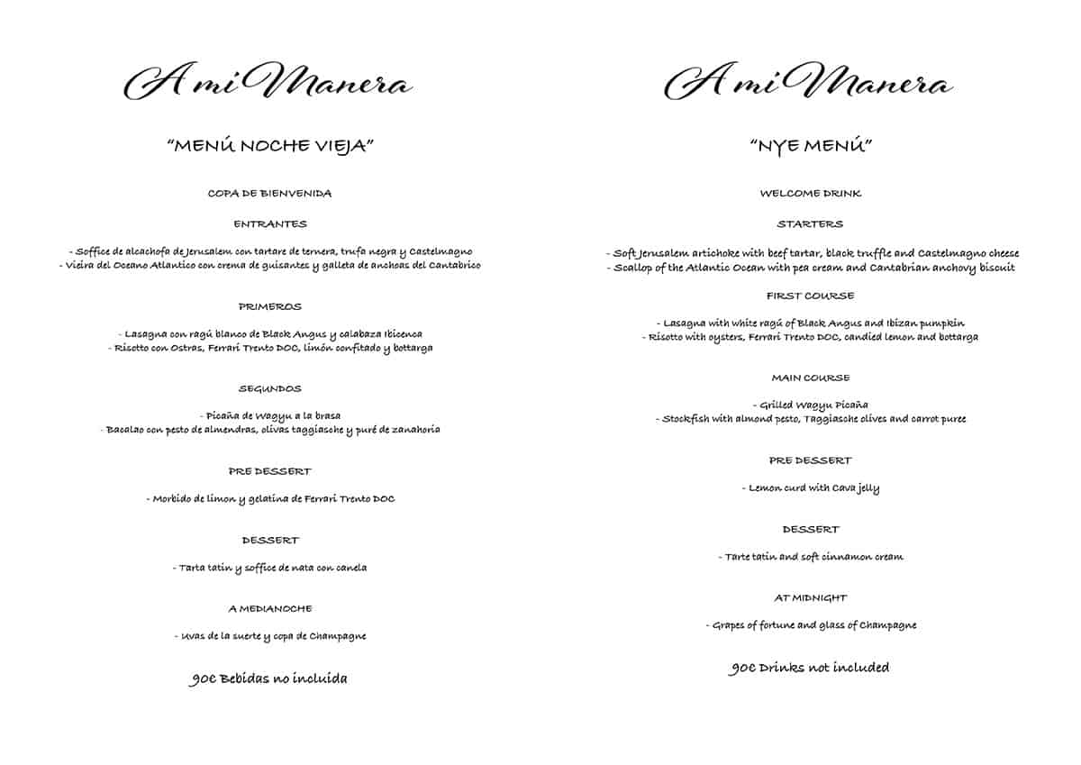 Christmas and New Year's Eve menus at the restaurant A Mi Manera Ibiza