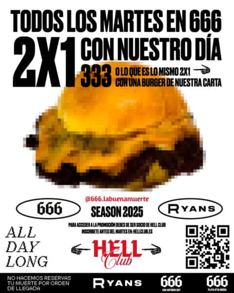 2x1 de la burger de la semana en 666 de Ryans Ibiza y Ryans Lolas